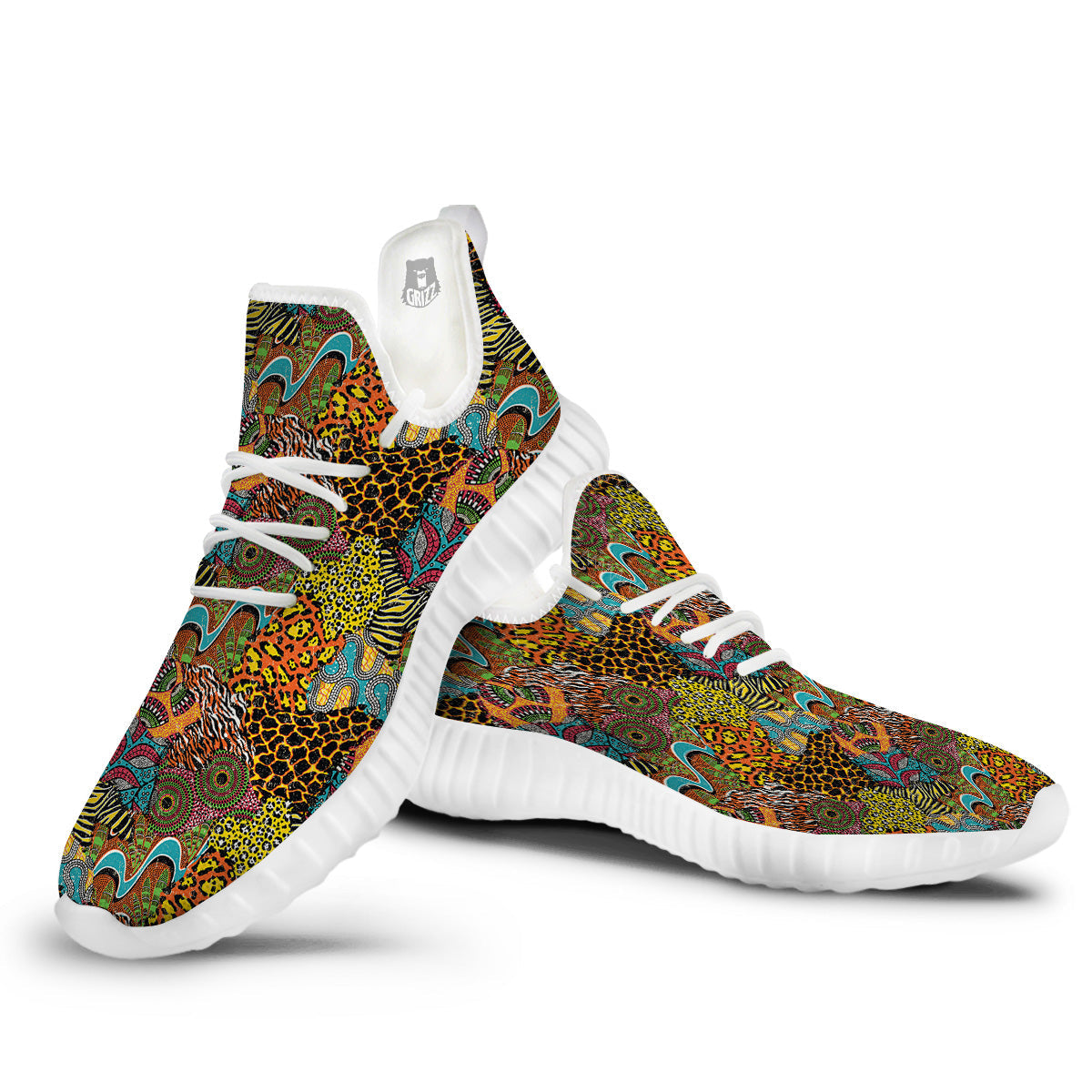 Traditional African And Wild Animal Skins Print Pattern White Walking Shoes-grizzshop