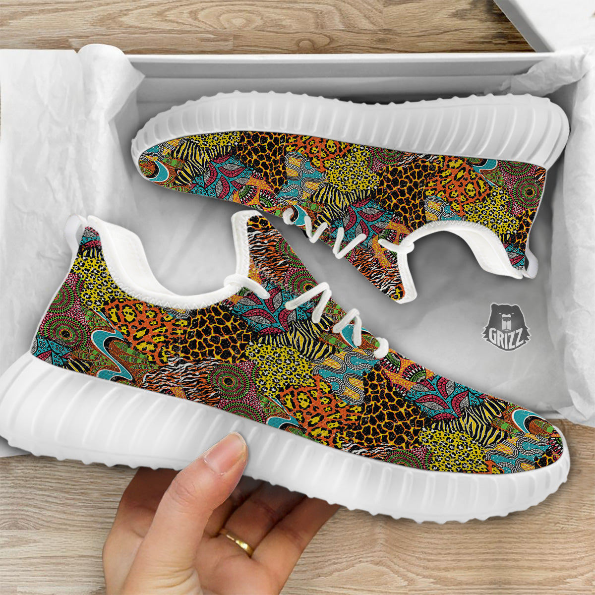 Traditional African And Wild Animal Skins Print Pattern White Walking Shoes-grizzshop