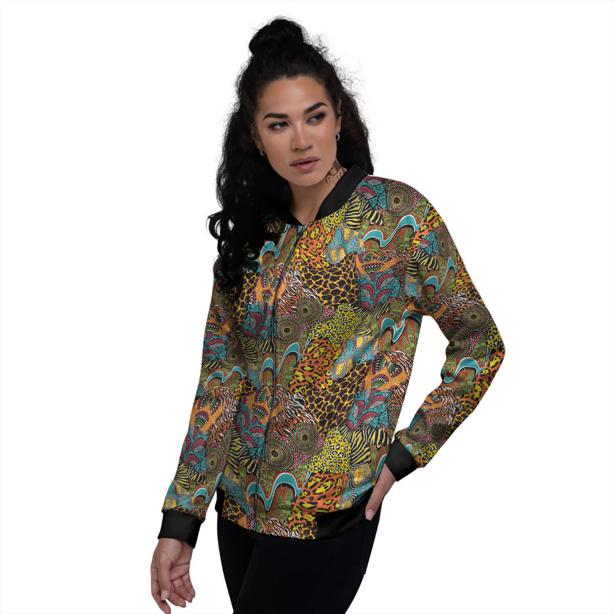 Traditional African And Wild Animal Skins Print Pattern Women's Bomber Jacket-grizzshop