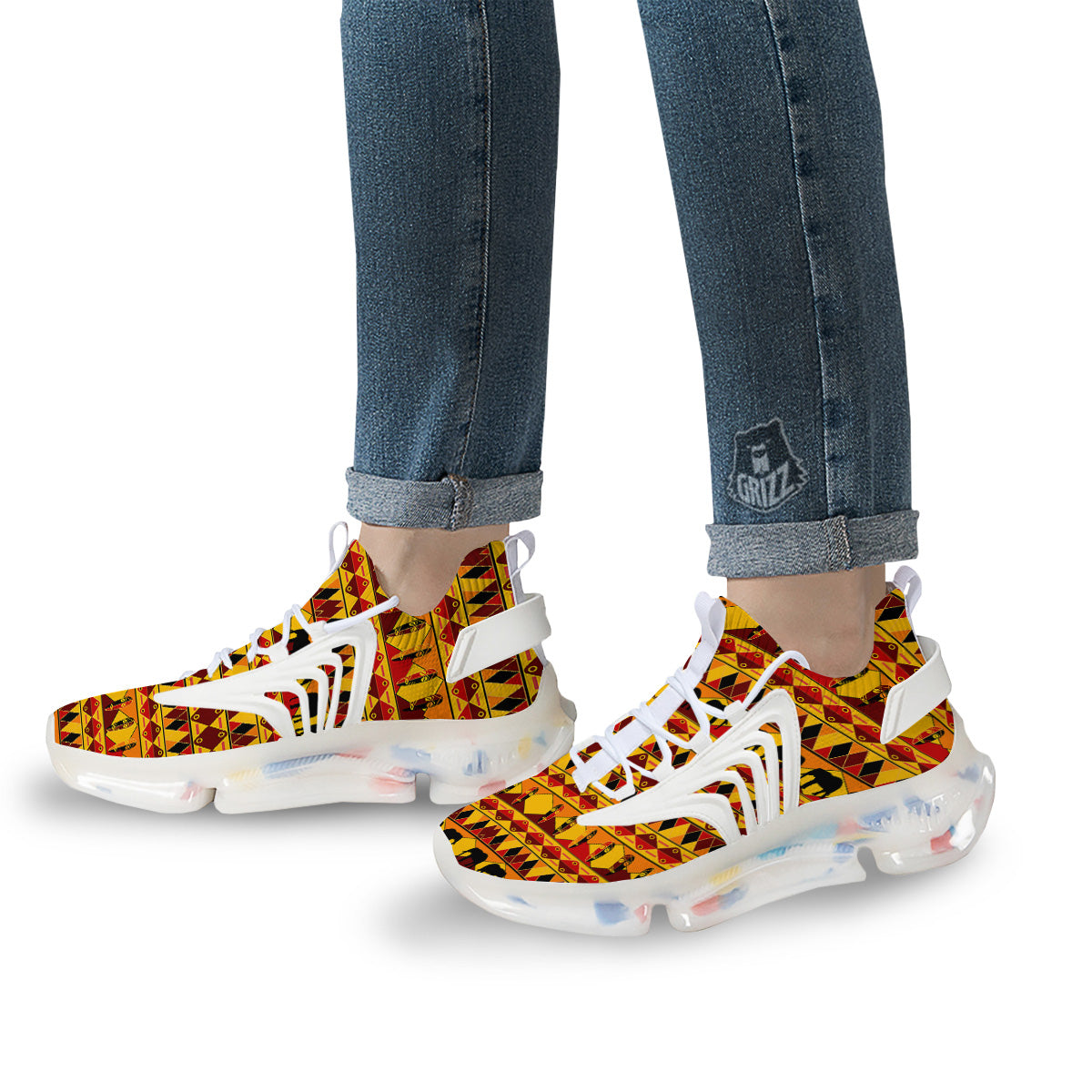 Traditional African Ethnic Print Pattern White Gym Shoes-grizzshop