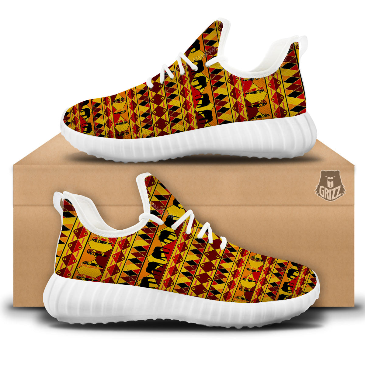 Traditional African Ethnic Print Pattern White Walking Shoes-grizzshop