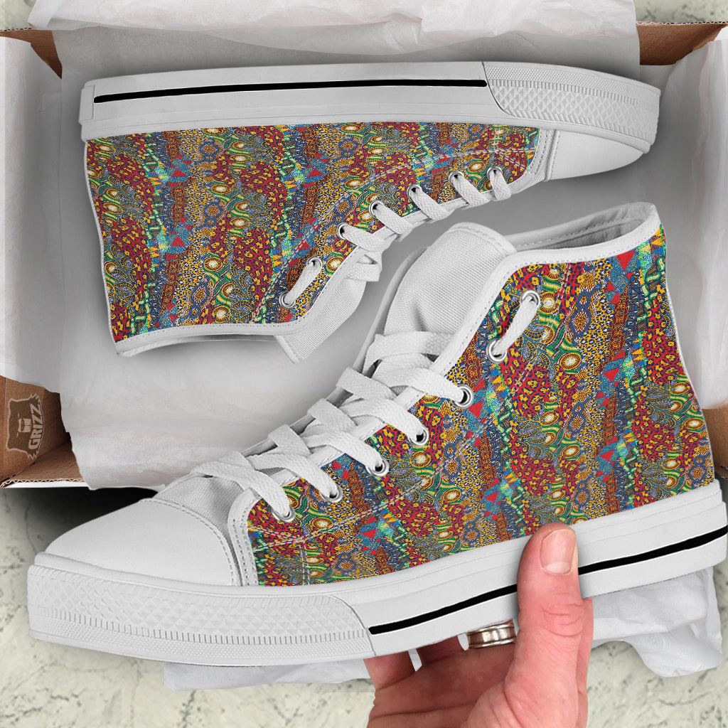 Traditional African Patchwork Animal Skins Print Pattern White High Top Shoes-grizzshop
