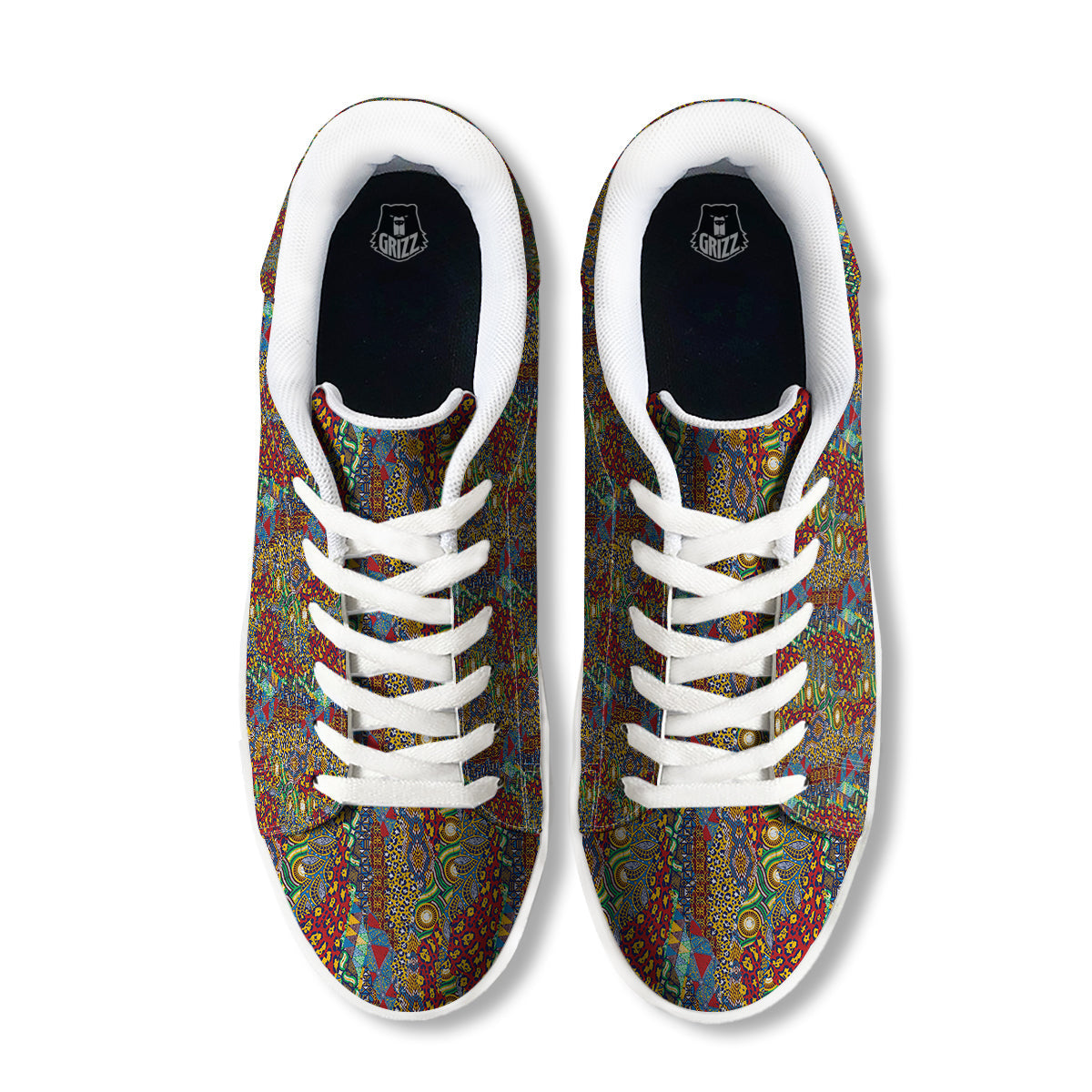 Traditional African Patchwork Animal Skins Print Pattern White Low Top Sneakers-grizzshop