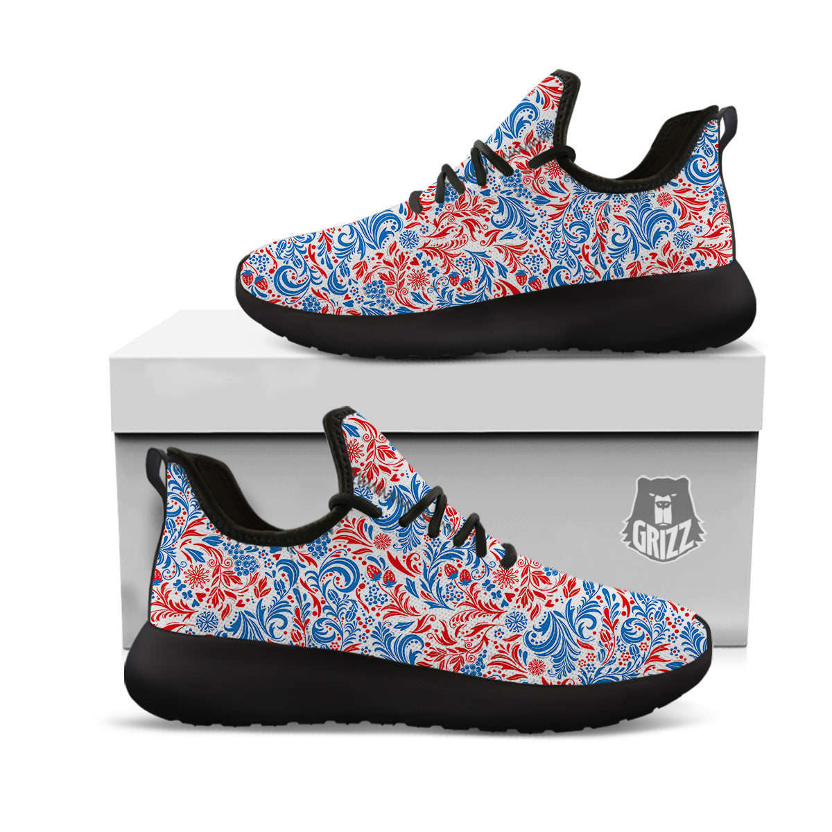 Traditional Khokhloma Red And Blue Print Pattern Black Athletic Shoes-grizzshop