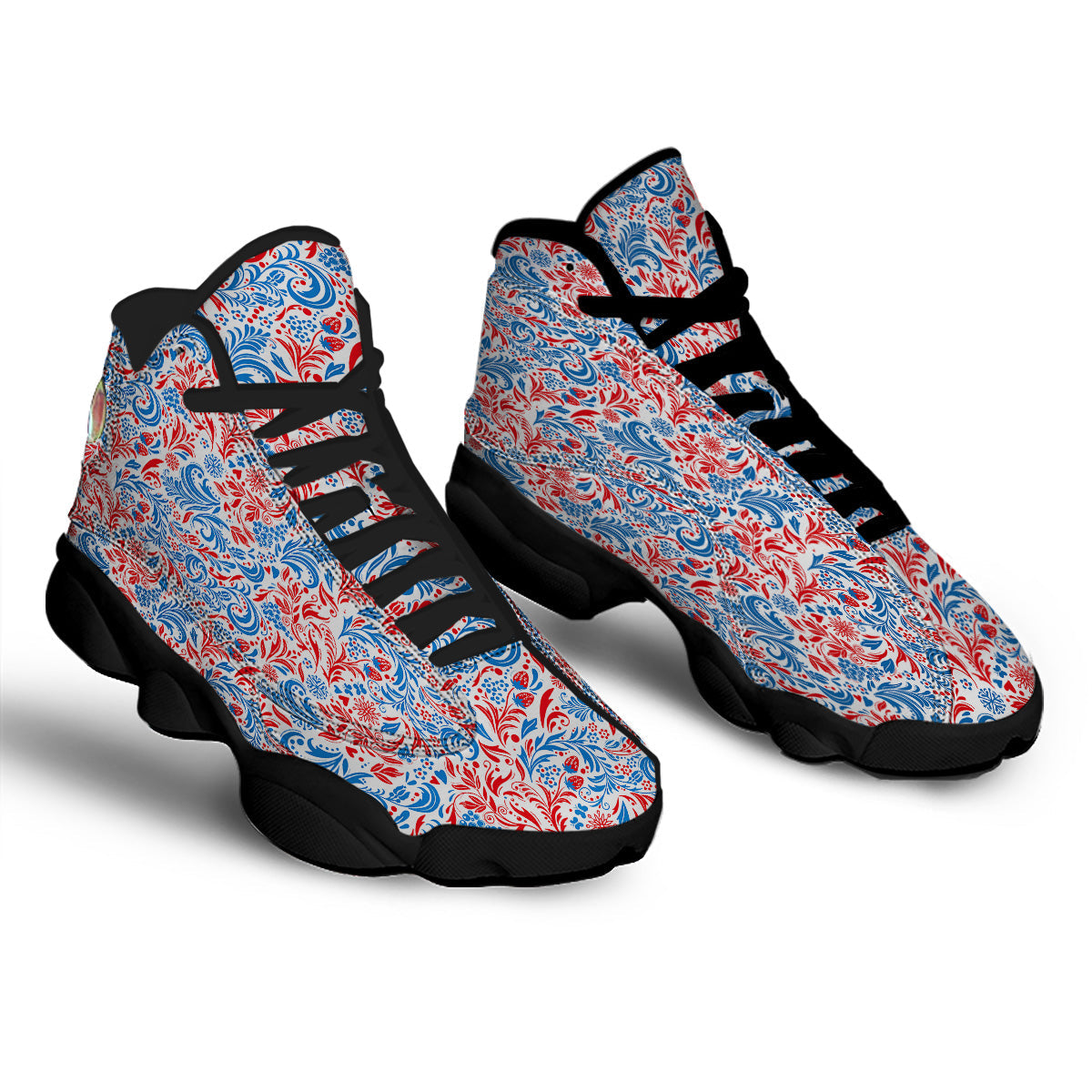 Traditional Khokhloma Red And Blue Print Pattern Black Basketball Shoes-grizzshop