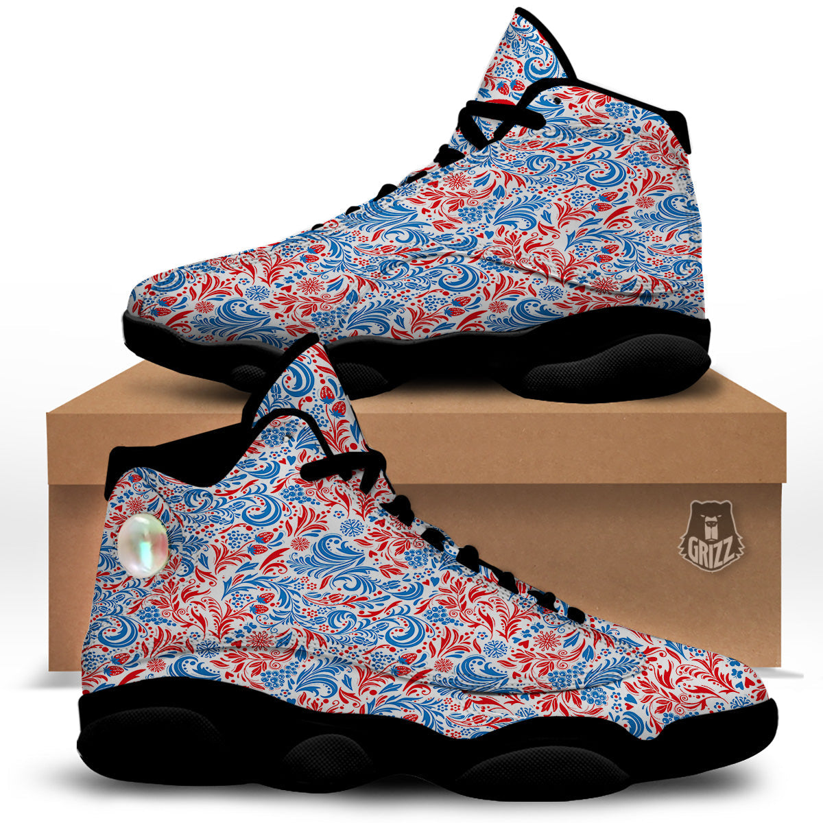 Traditional Khokhloma Red And Blue Print Pattern Black Basketball Shoes-grizzshop