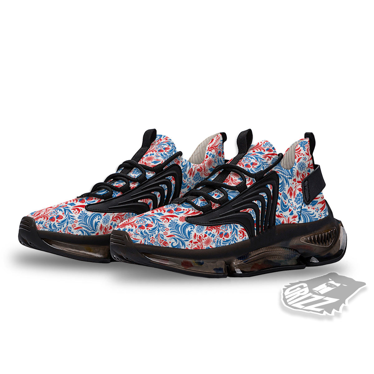 Traditional Khokhloma Red And Blue Print Pattern Black Gym Shoes-grizzshop