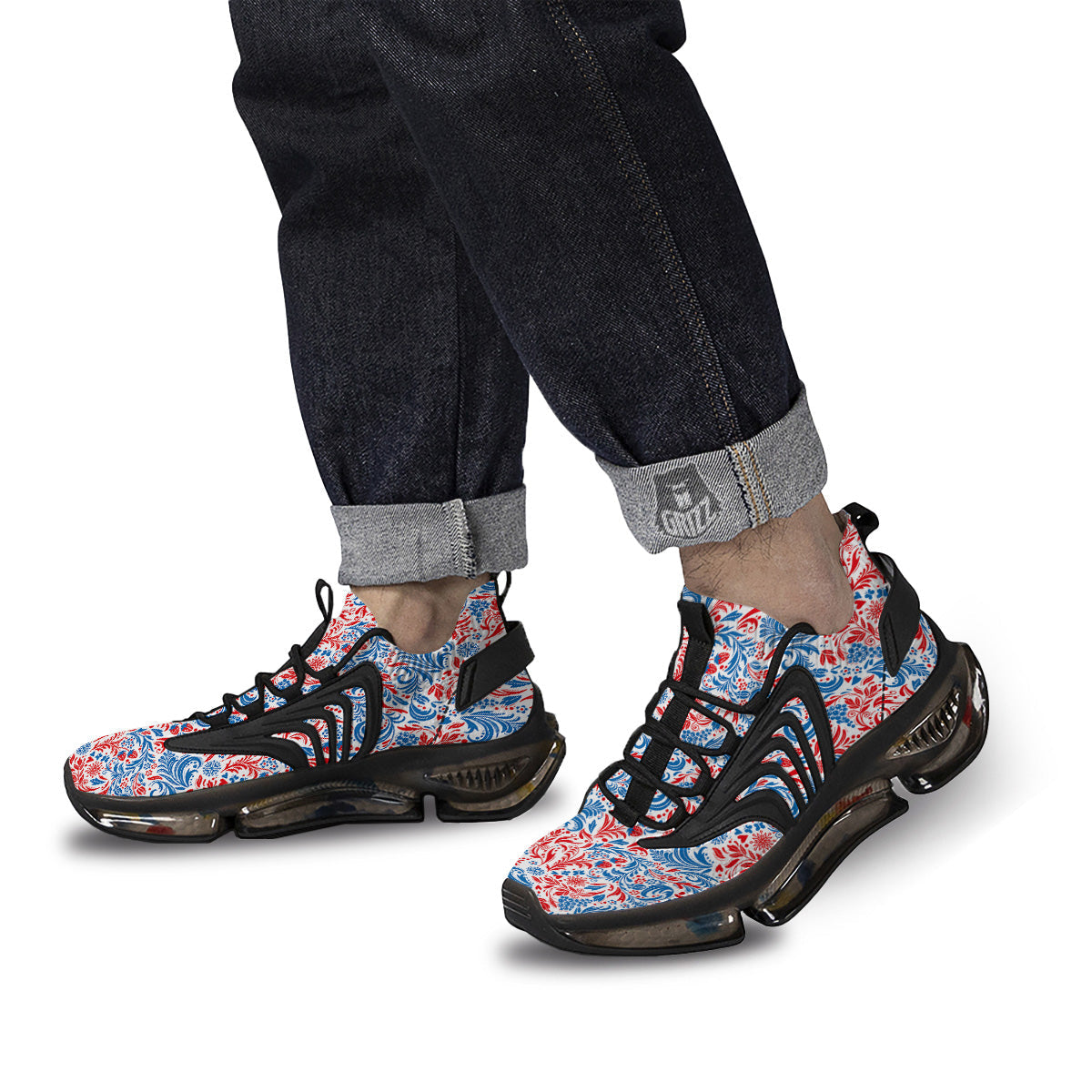 Traditional Khokhloma Red And Blue Print Pattern Black Gym Shoes-grizzshop