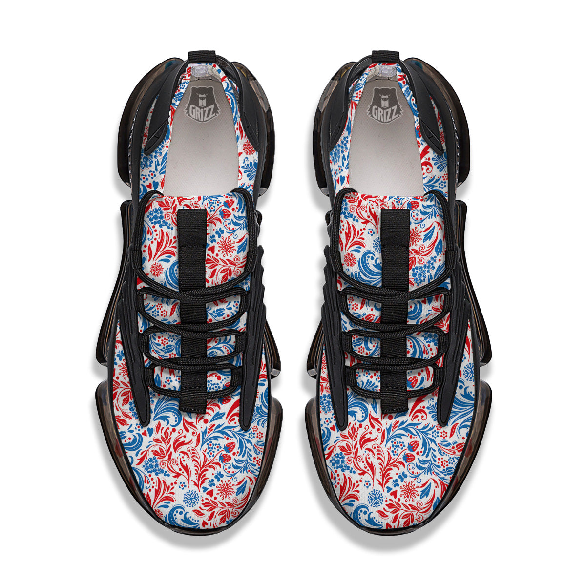 Traditional Khokhloma Red And Blue Print Pattern Black Gym Shoes-grizzshop