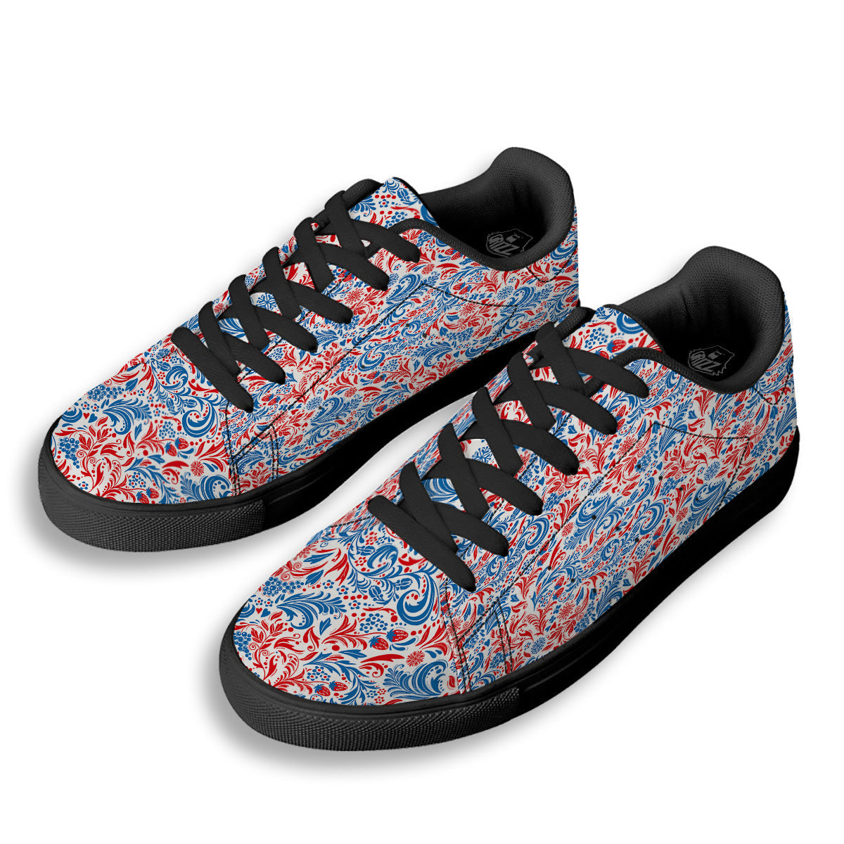 Traditional Khokhloma Red And Blue Print Pattern Black Low Top Sneakers-grizzshop