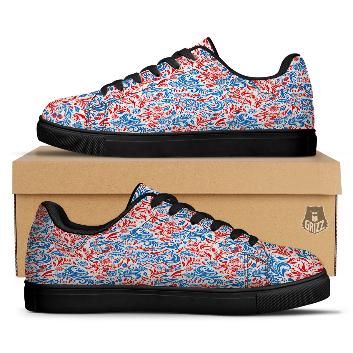 Traditional Khokhloma Red And Blue Print Pattern Black Low Top Sneakers-grizzshop