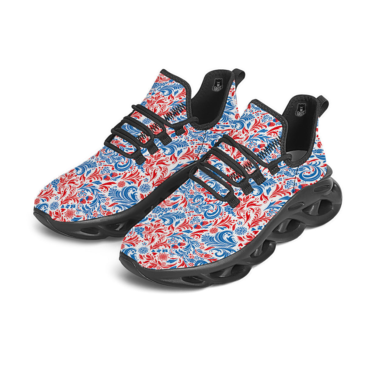 Traditional Khokhloma Red And Blue Print Pattern Black Running Shoes-grizzshop
