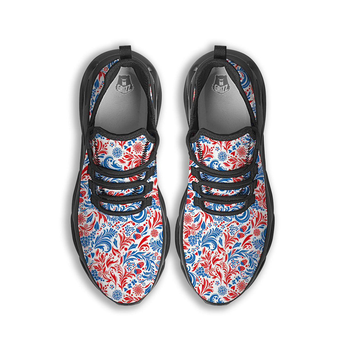 Traditional Khokhloma Red And Blue Print Pattern Black Running Shoes-grizzshop