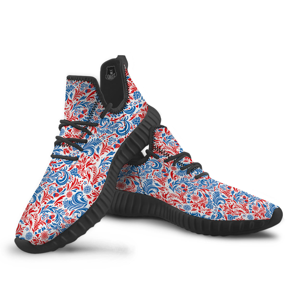 Traditional Khokhloma Red And Blue Print Pattern Black Walking Shoes-grizzshop
