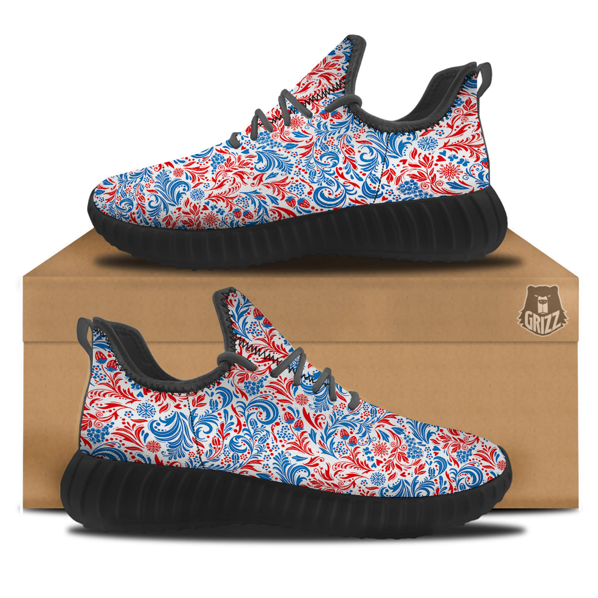 Traditional Khokhloma Red And Blue Print Pattern Black Walking Shoes-grizzshop