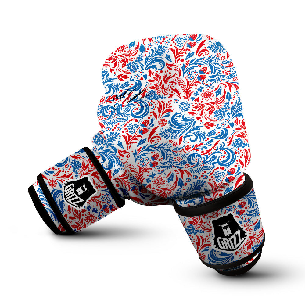 Traditional Khokhloma Red And Blue Print Pattern Boxing Gloves-grizzshop
