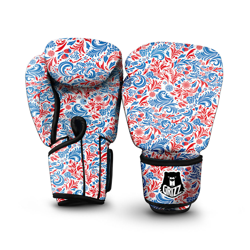 Traditional Khokhloma Red And Blue Print Pattern Boxing Gloves-grizzshop