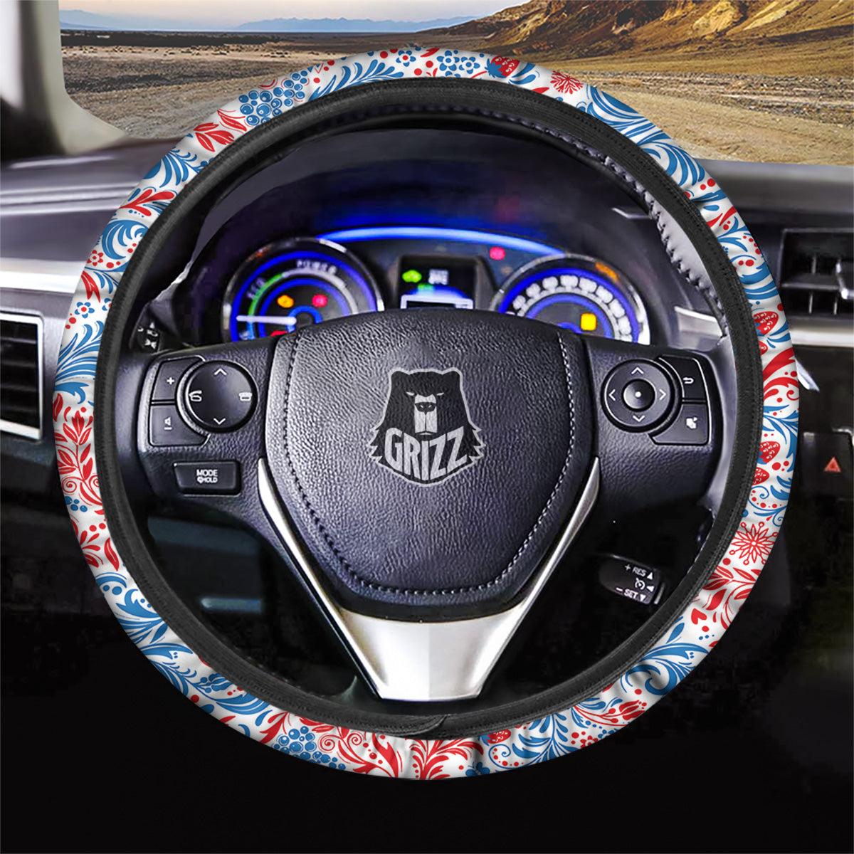 Traditional Khokhloma Red And Blue Print Pattern Car Steering Wheel Cover-grizzshop