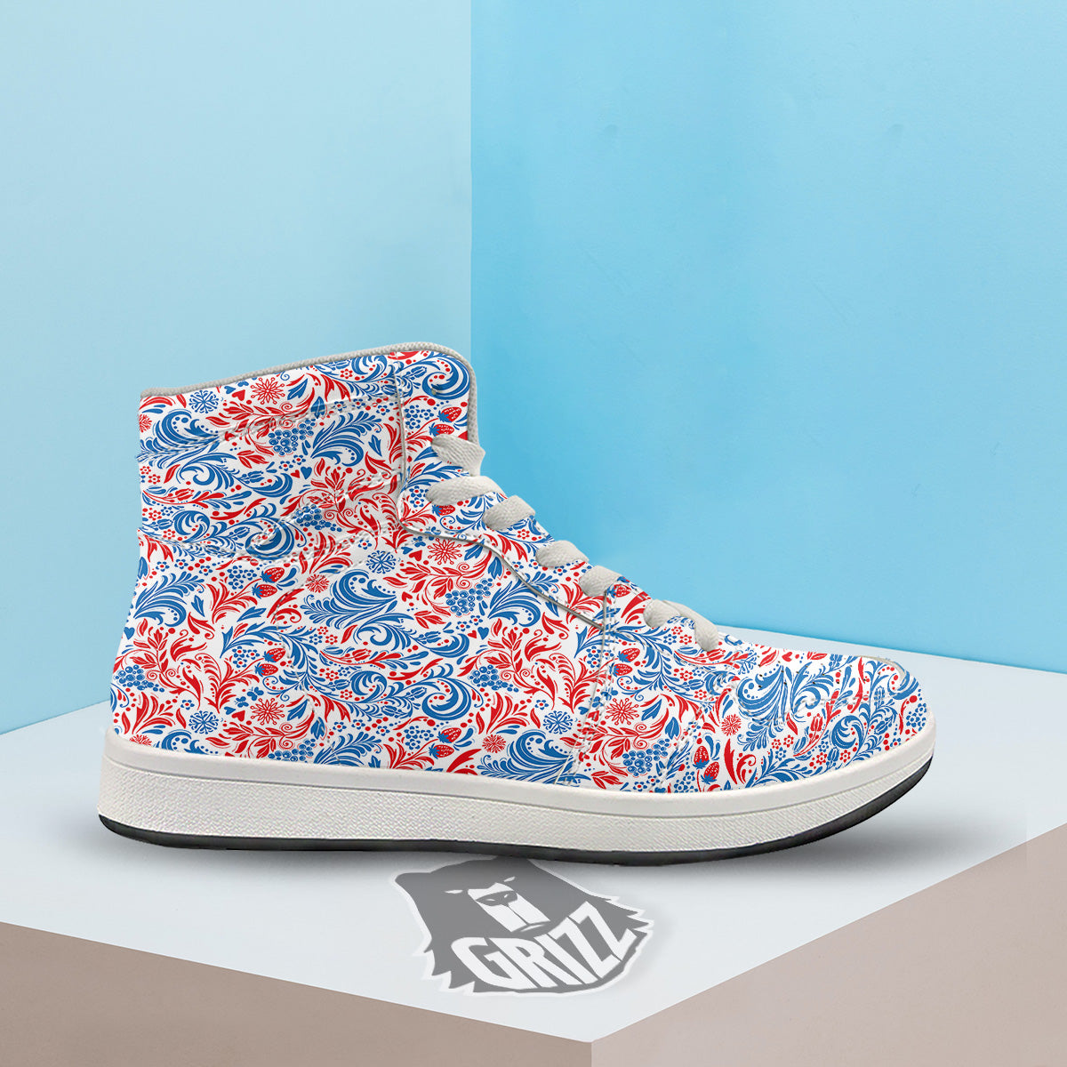 Traditional Khokhloma Red And Blue Print Pattern High Top Sneakers-grizzshop