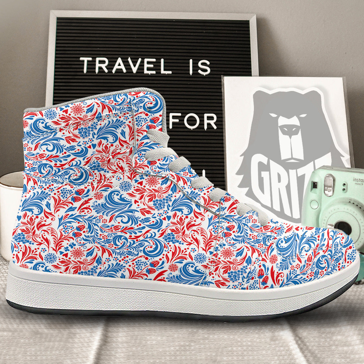 Traditional Khokhloma Red And Blue Print Pattern High Top Sneakers-grizzshop