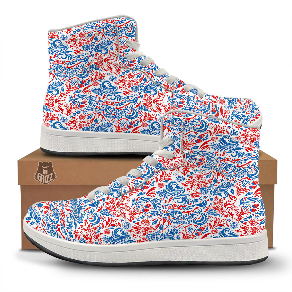 Traditional Khokhloma Red And Blue Print Pattern High Top Sneakers-grizzshop