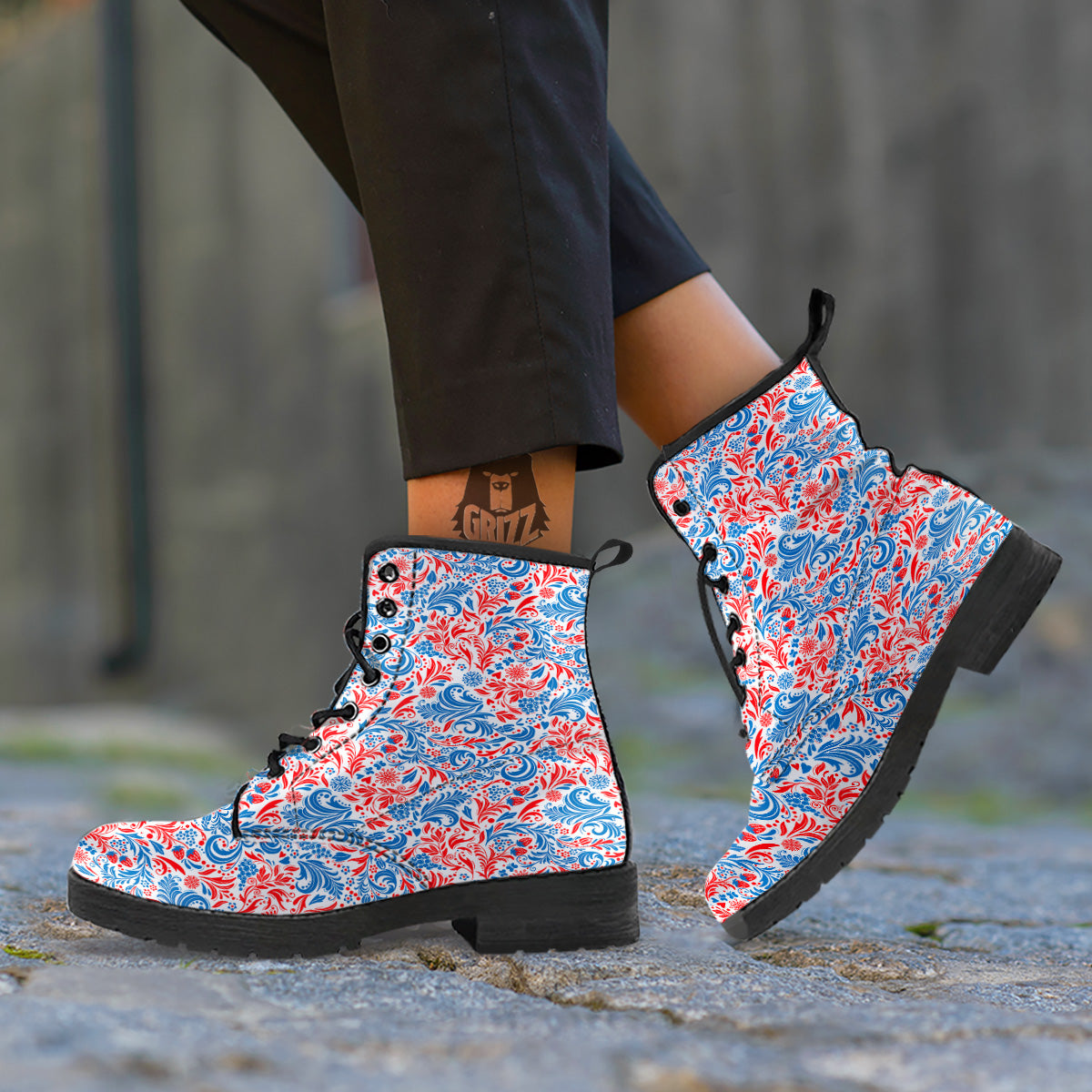 Traditional Khokhloma Red And Blue Print Pattern Leather Boots-grizzshop