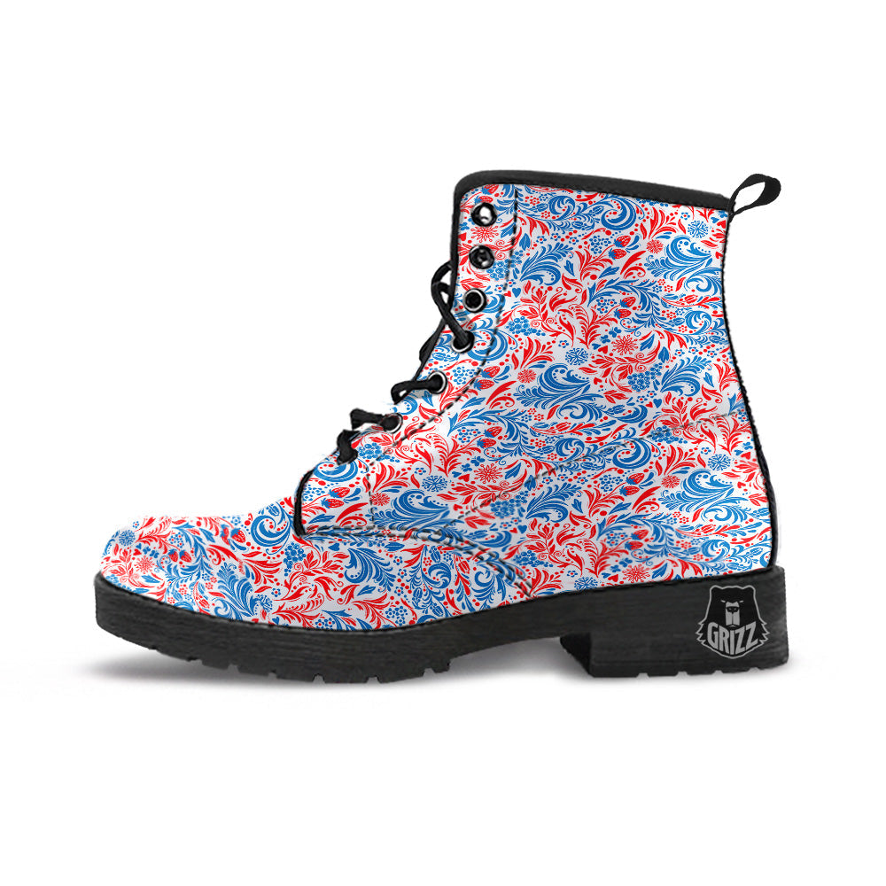 Traditional Khokhloma Red And Blue Print Pattern Leather Boots-grizzshop