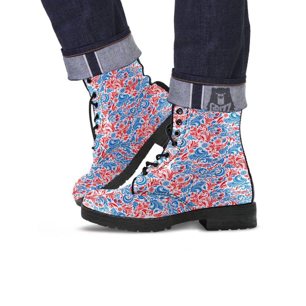 Traditional Khokhloma Red And Blue Print Pattern Leather Boots-grizzshop