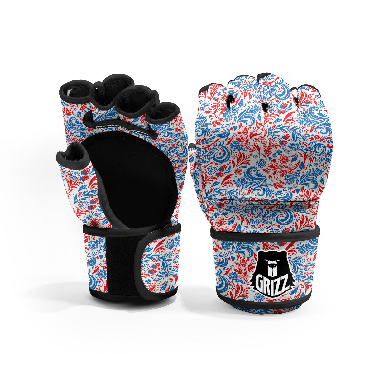 Traditional Khokhloma Red And Blue Print Pattern MMA Gloves-grizzshop