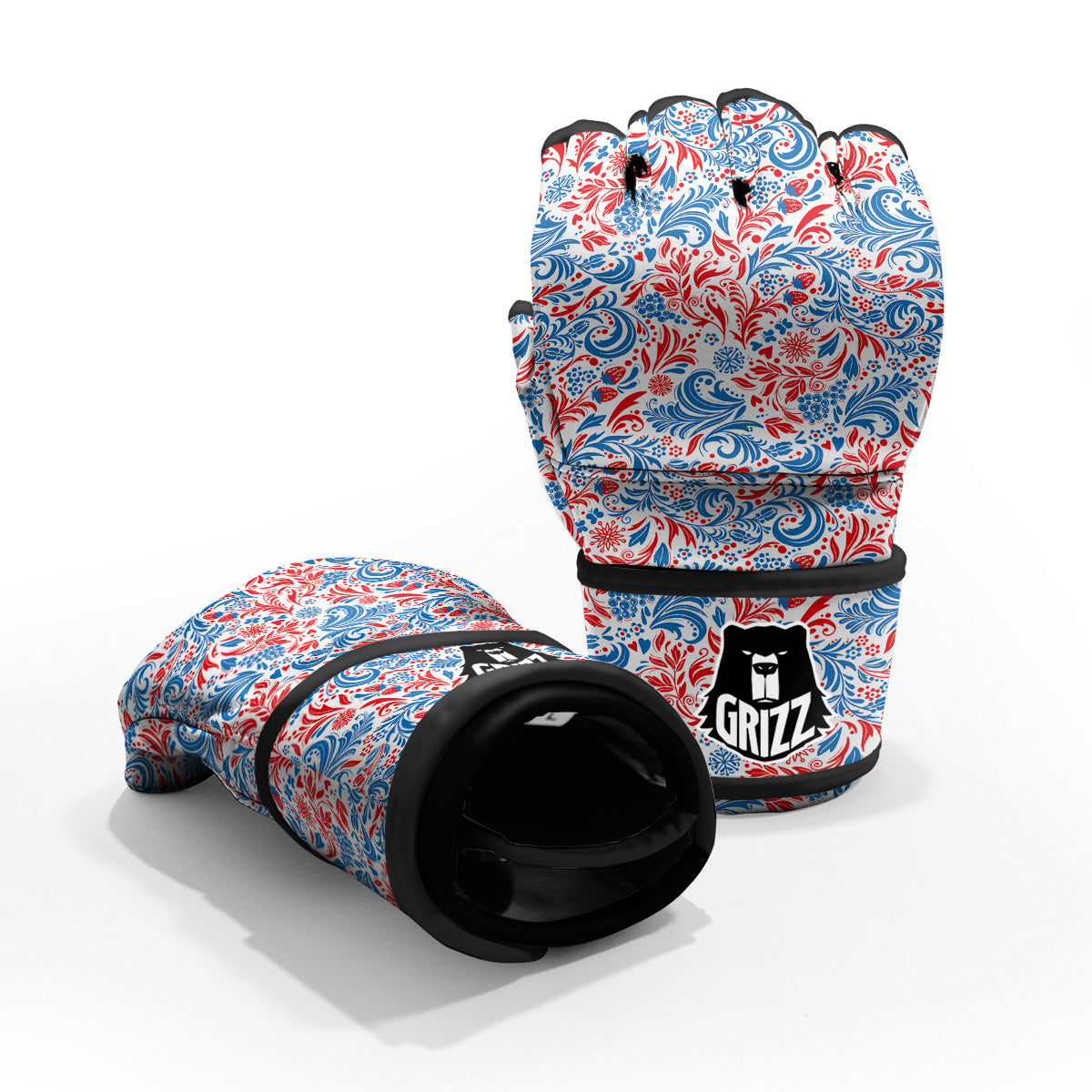 Traditional Khokhloma Red And Blue Print Pattern MMA Gloves-grizzshop