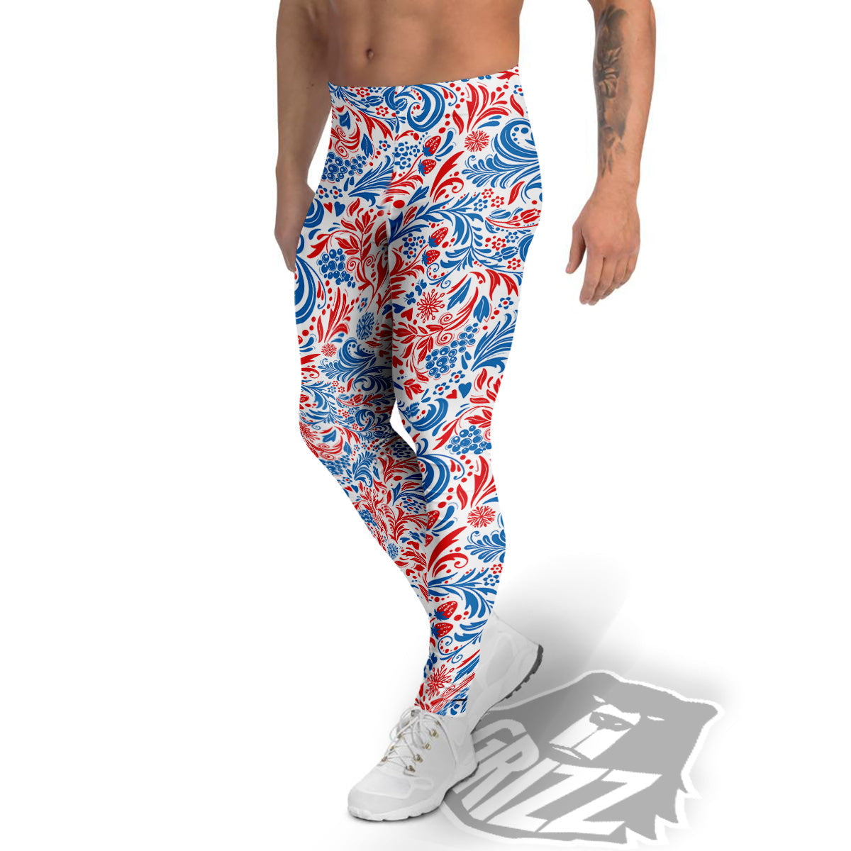 Traditional Khokhloma Red And Blue Print Pattern Men's Leggings-grizzshop