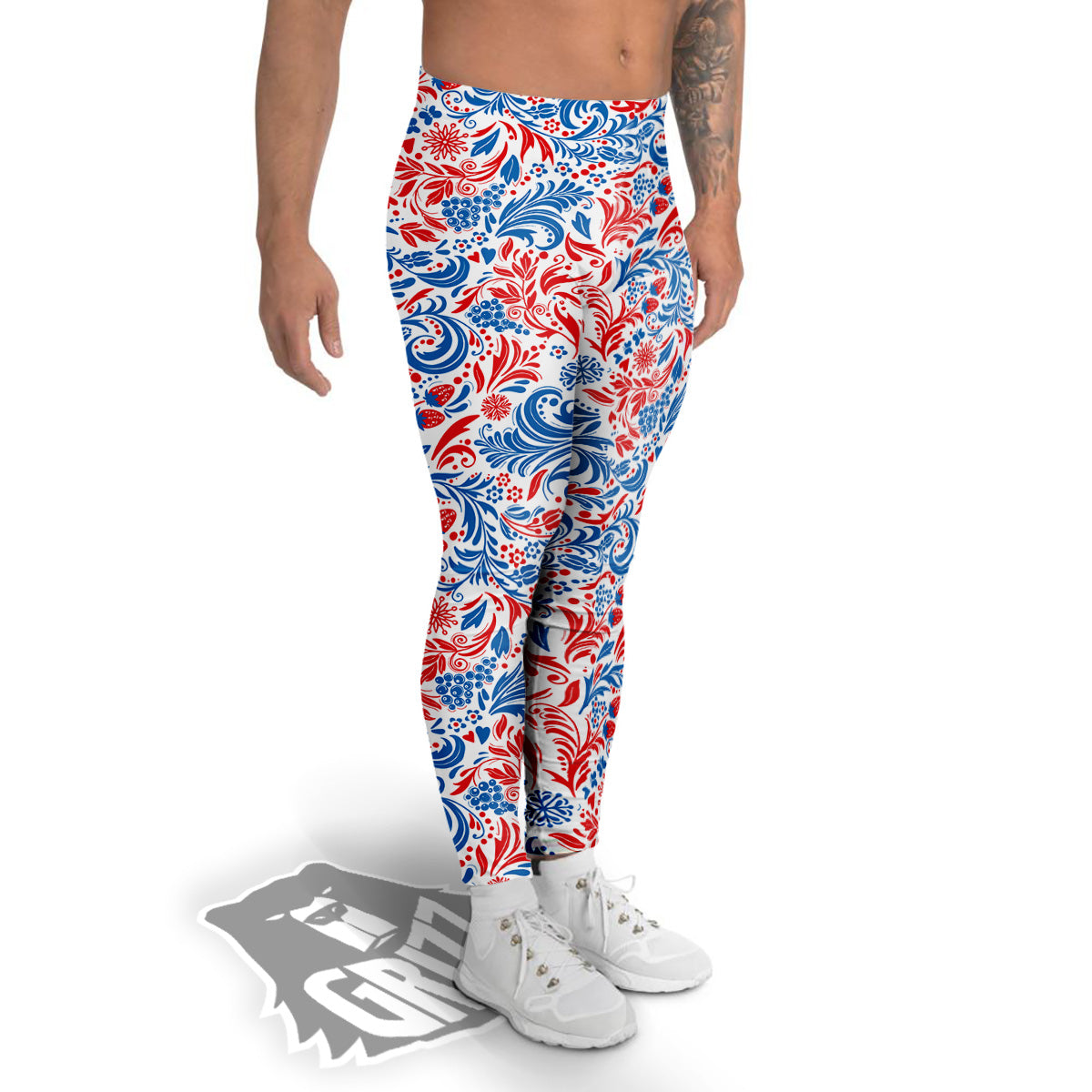 Traditional Khokhloma Red And Blue Print Pattern Men's Leggings-grizzshop