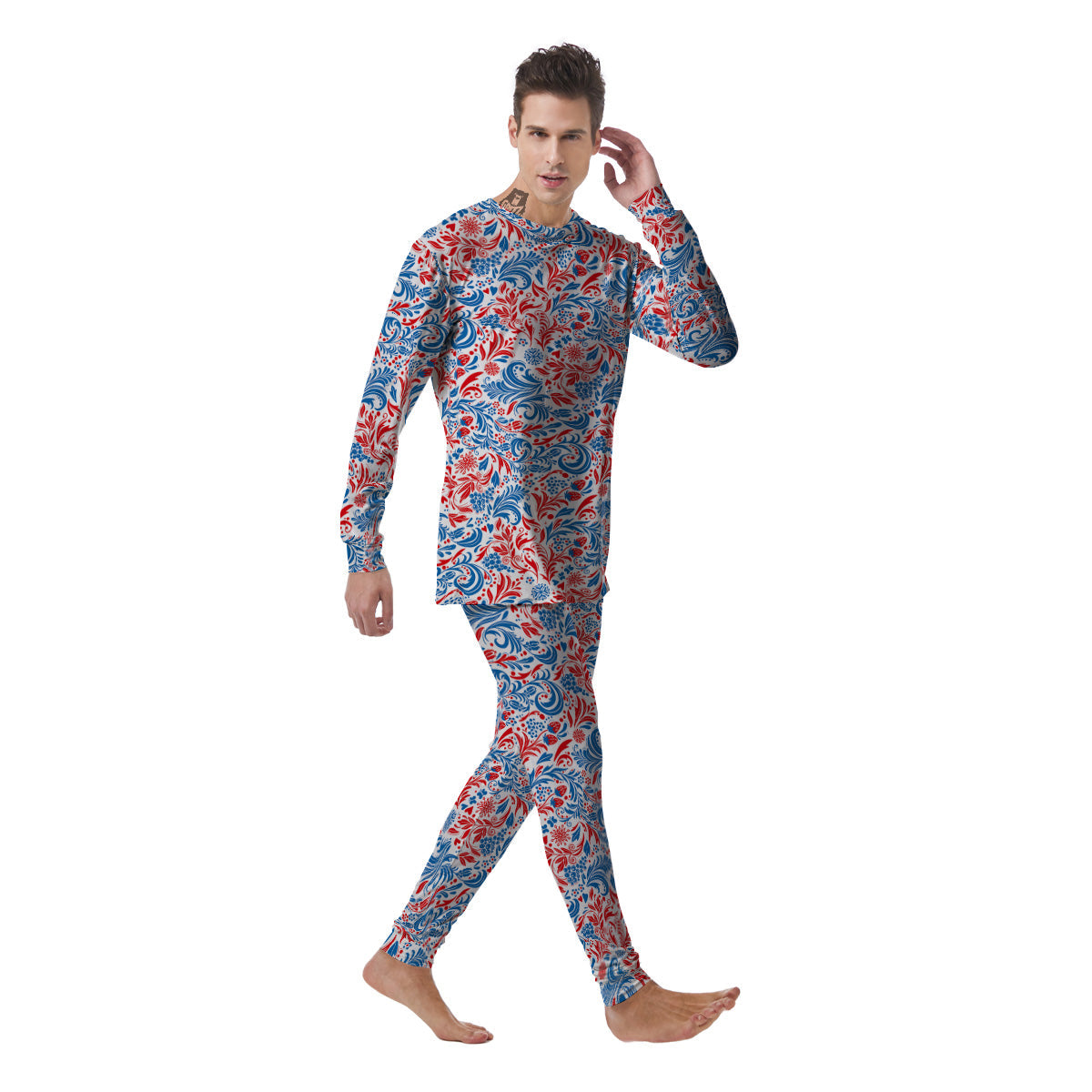 Traditional Khokhloma Red And Blue Print Pattern Men's Pajamas-grizzshop