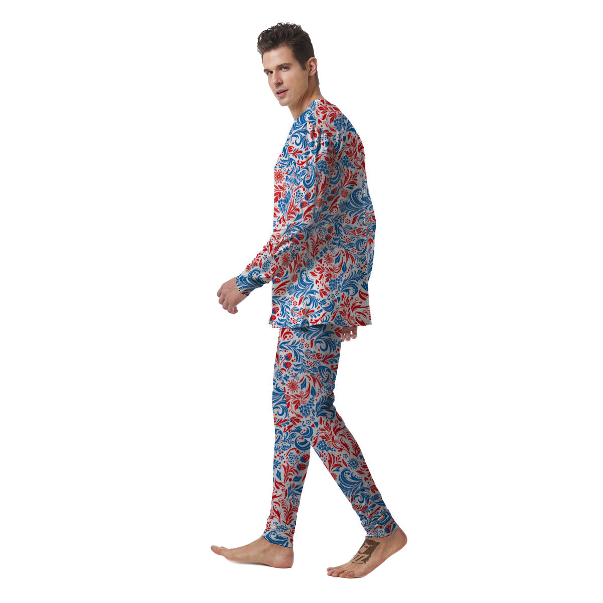 Traditional Khokhloma Red And Blue Print Pattern Men's Pajamas-grizzshop