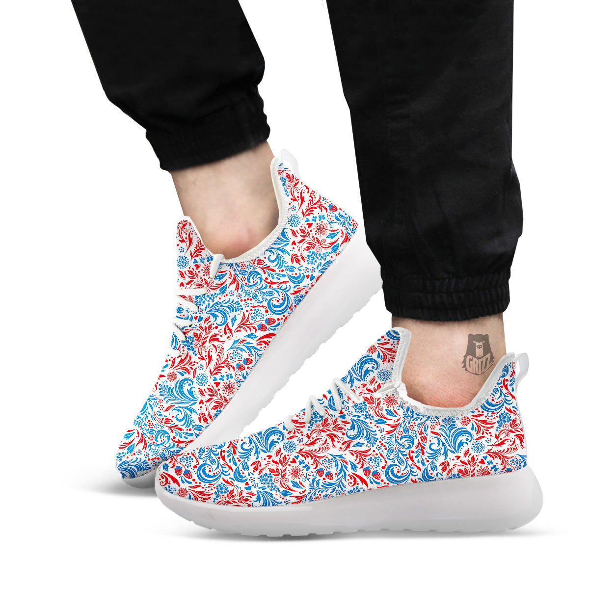 Traditional Khokhloma Red And Blue Print Pattern White Athletic Shoes-grizzshop