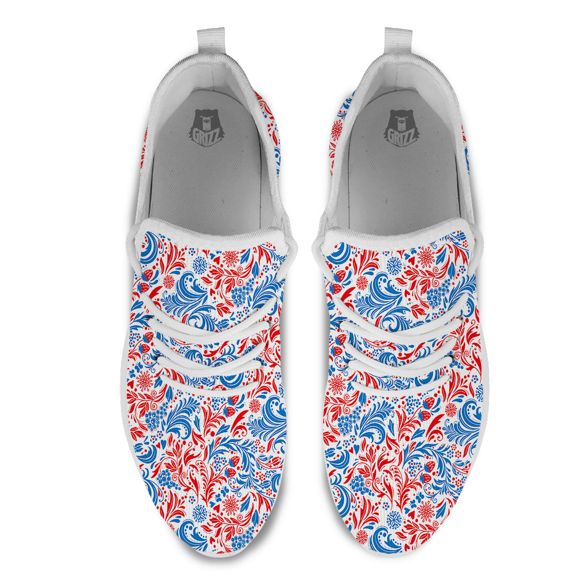 Traditional Khokhloma Red And Blue Print Pattern White Athletic Shoes-grizzshop