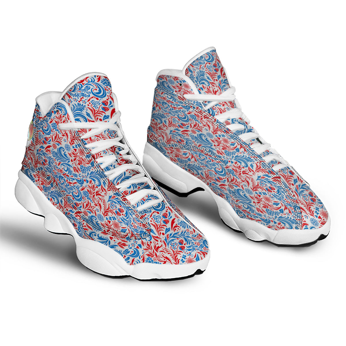 Traditional Khokhloma Red And Blue Print Pattern White Basketball Shoes-grizzshop
