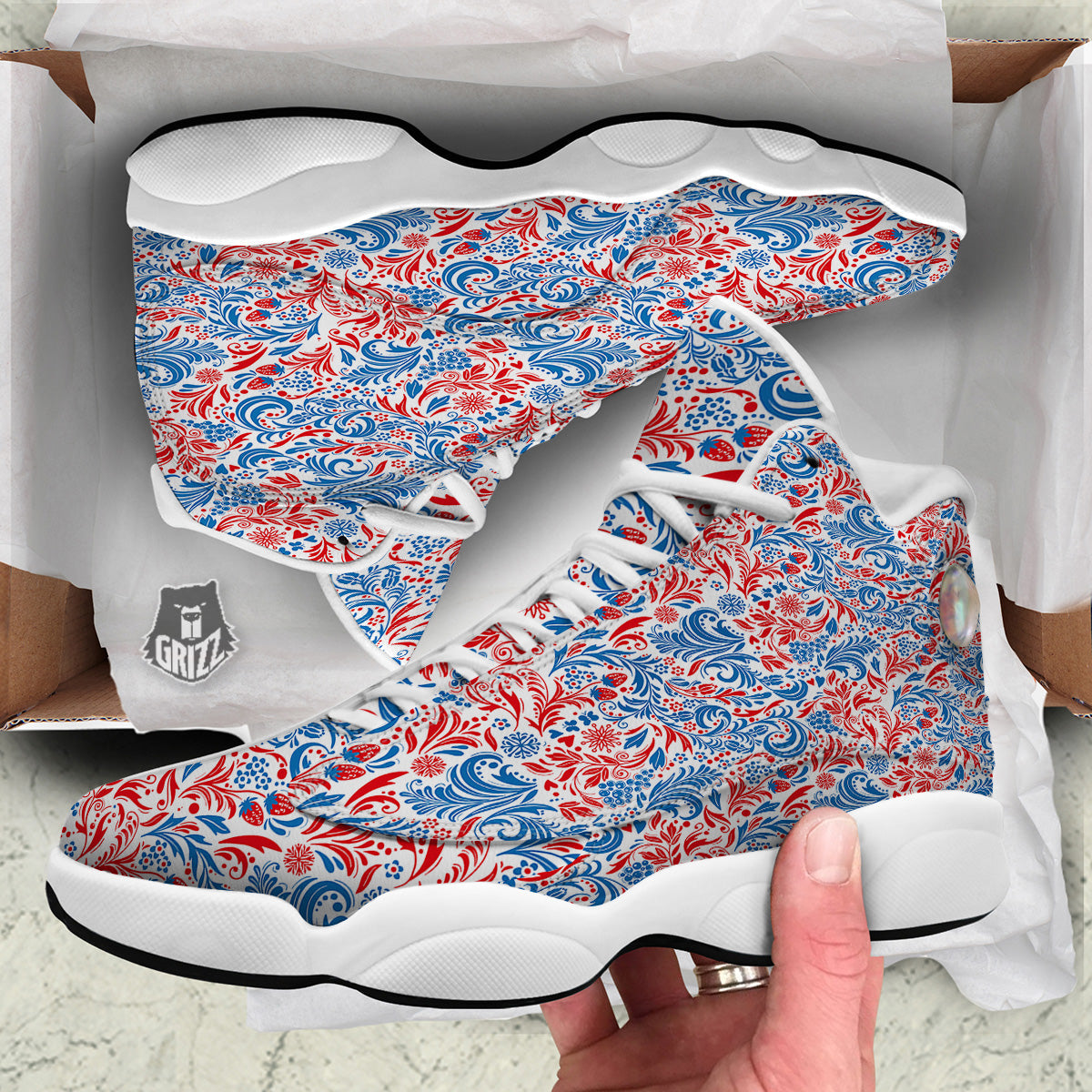 Traditional Khokhloma Red And Blue Print Pattern White Basketball Shoes-grizzshop