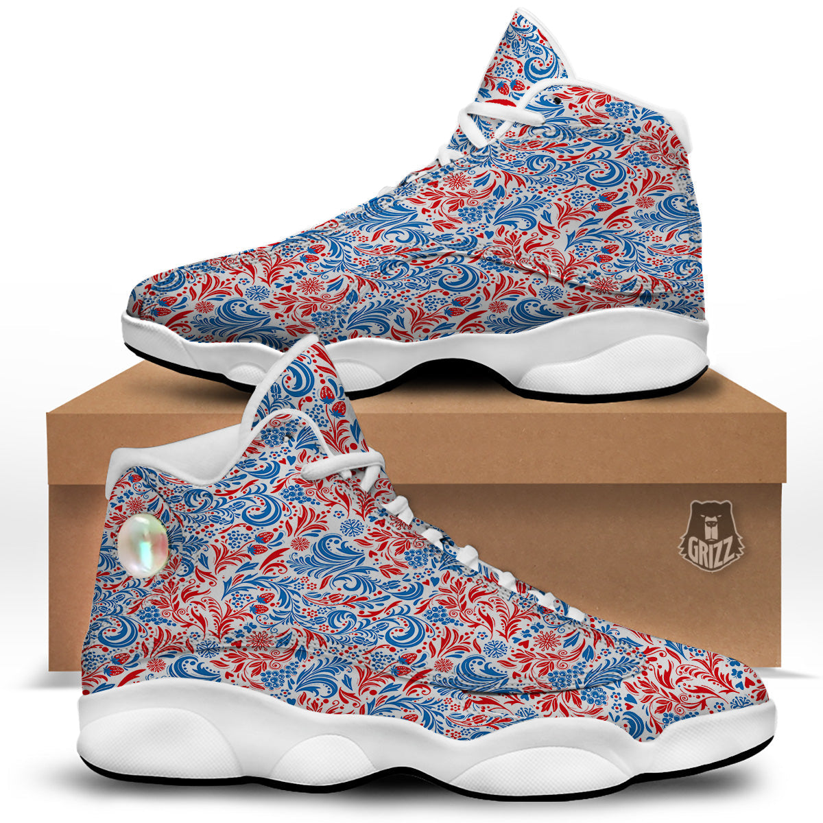 Traditional Khokhloma Red And Blue Print Pattern White Basketball Shoes-grizzshop