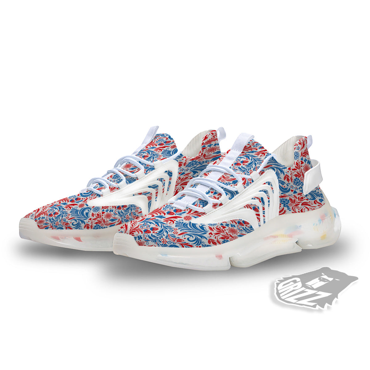 Traditional Khokhloma Red And Blue Print Pattern White Gym Shoes-grizzshop