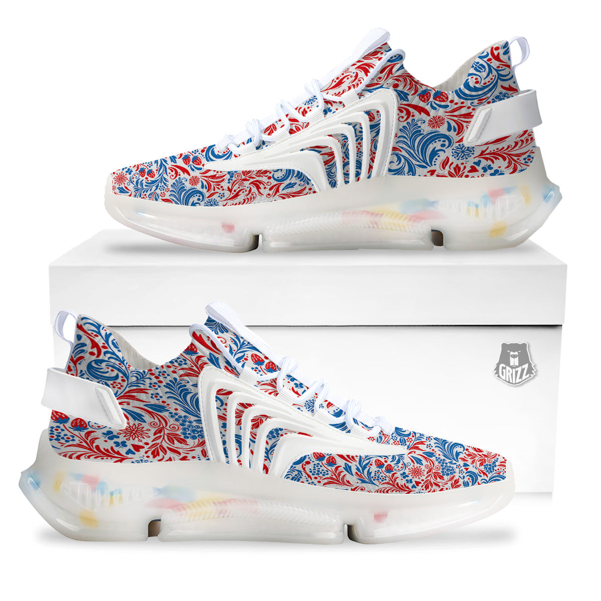 Traditional Khokhloma Red And Blue Print Pattern White Gym Shoes-grizzshop