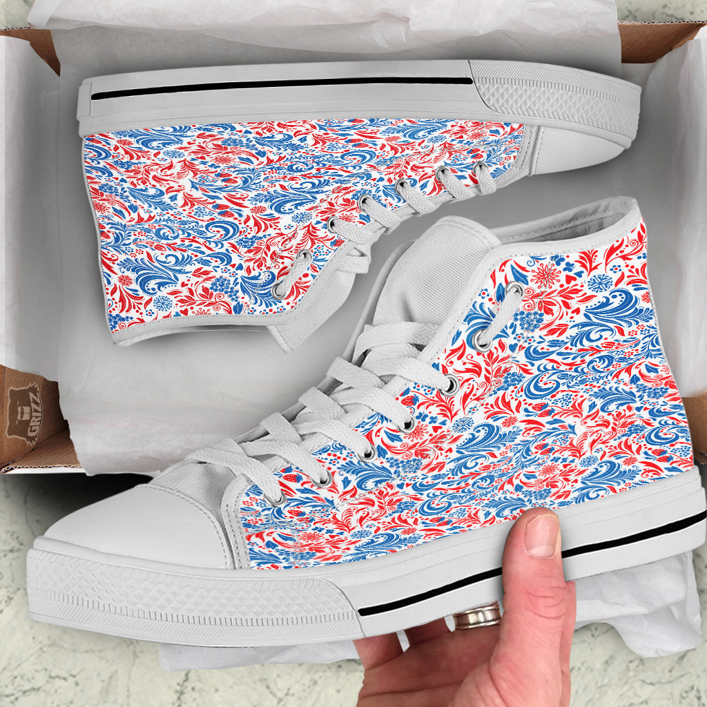 Traditional Khokhloma Red And Blue Print Pattern White High Top Shoes-grizzshop