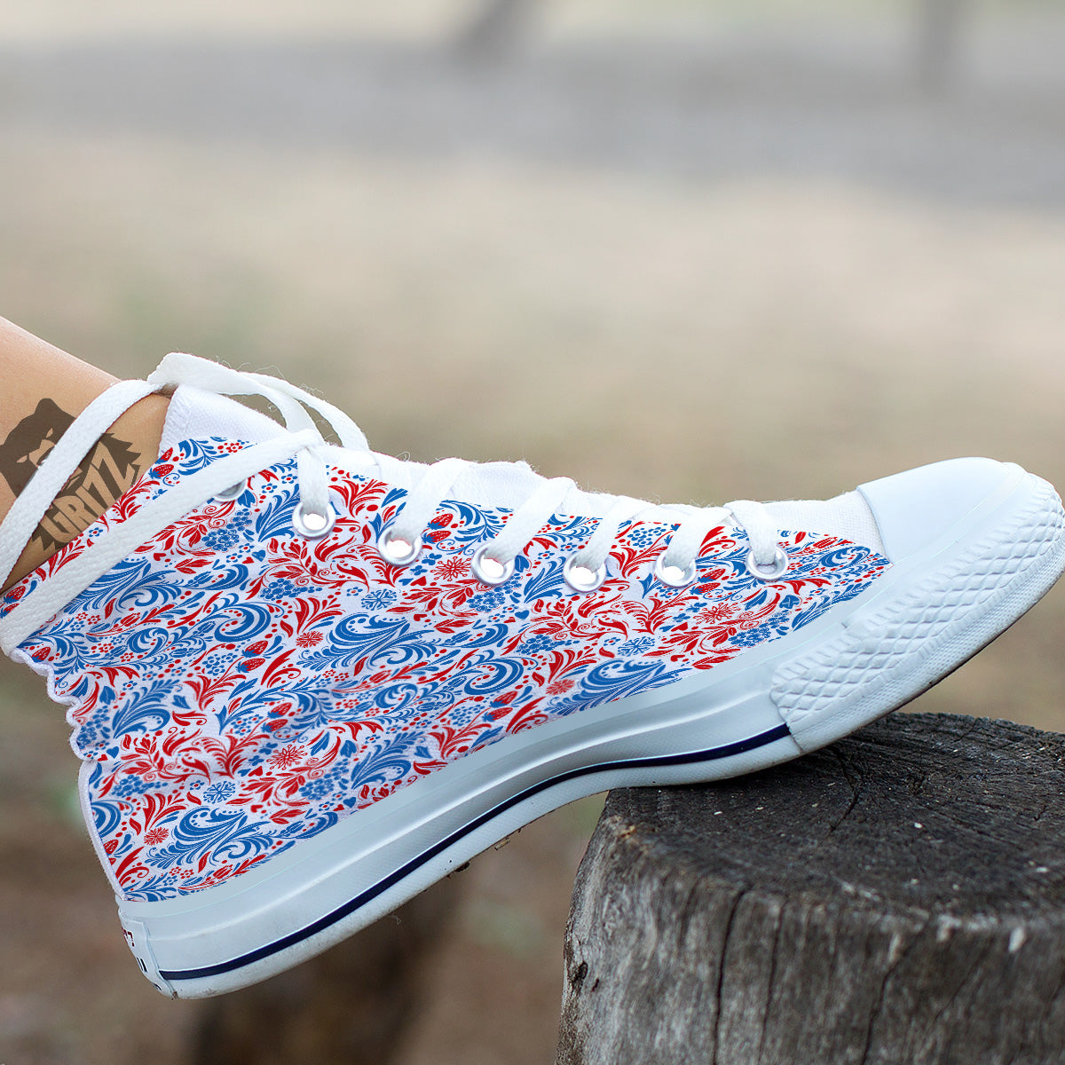Traditional Khokhloma Red And Blue Print Pattern White High Top Shoes-grizzshop