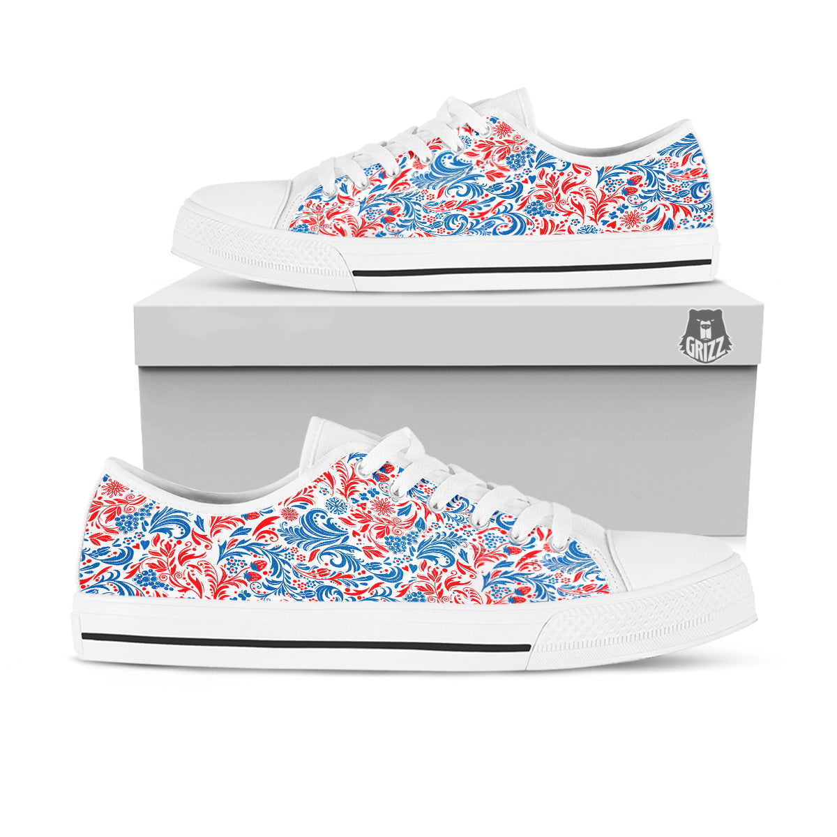 Traditional Khokhloma Red And Blue Print Pattern White Low Top Shoes-grizzshop