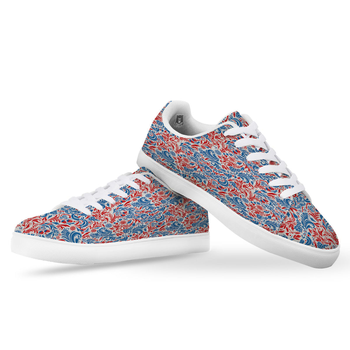 Traditional Khokhloma Red And Blue Print Pattern White Low Top Sneakers-grizzshop