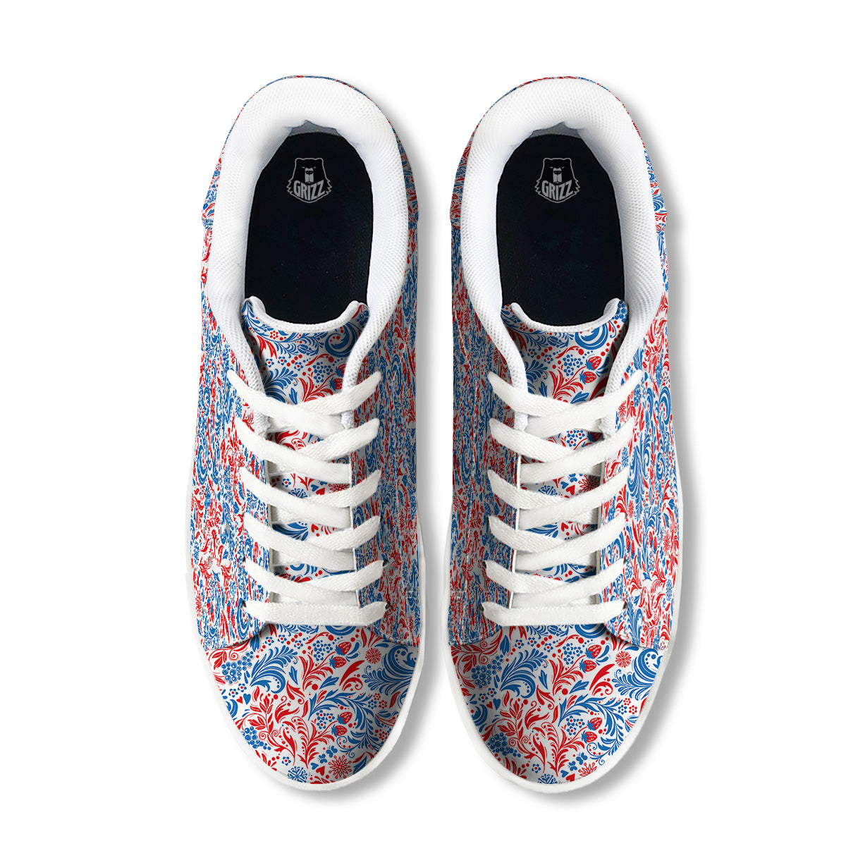 Traditional Khokhloma Red And Blue Print Pattern White Low Top Sneakers-grizzshop