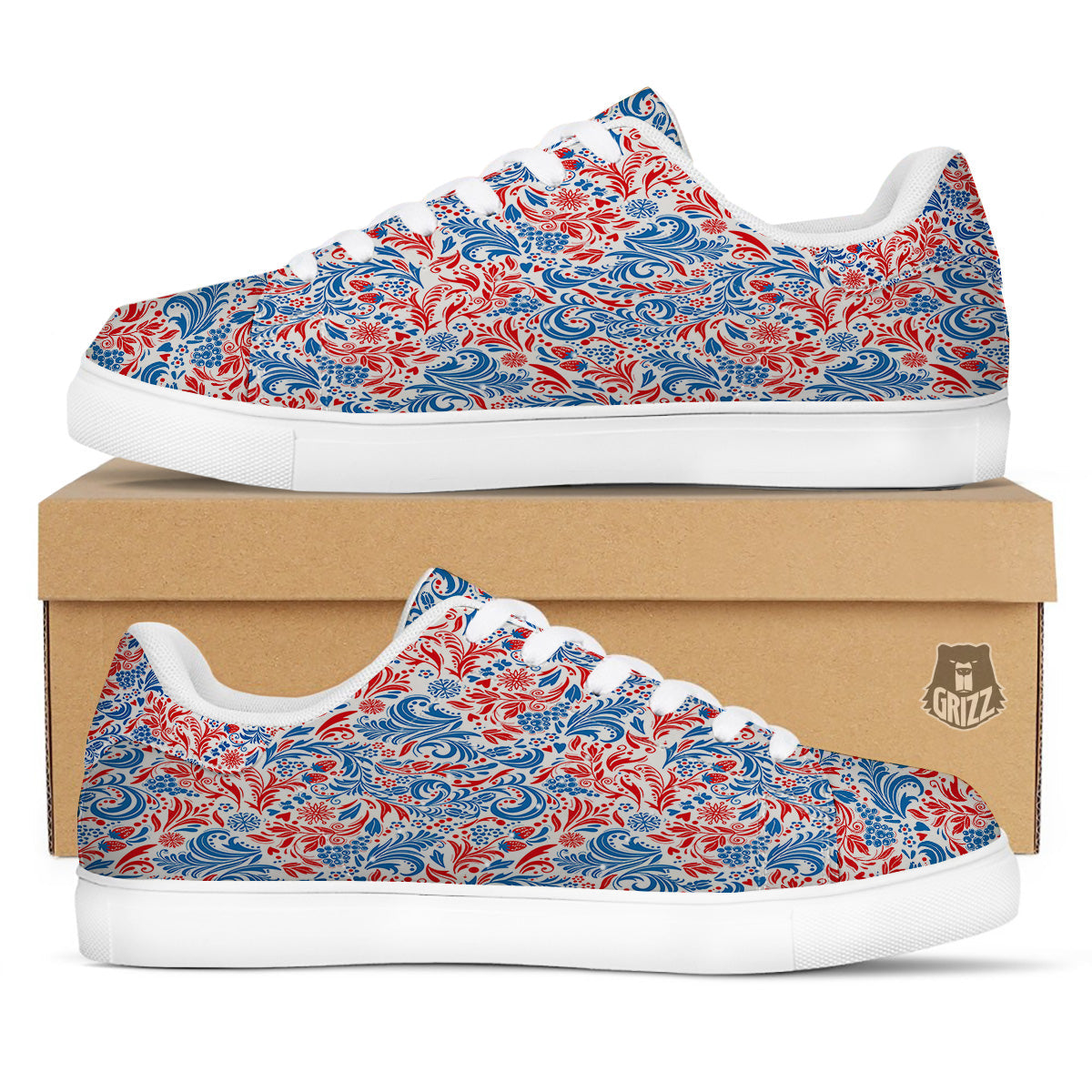 Traditional Khokhloma Red And Blue Print Pattern White Low Top Sneakers-grizzshop