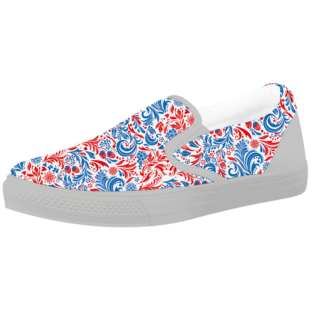 Traditional Khokhloma Red And Blue Print Pattern White Slip On Shoes-grizzshop