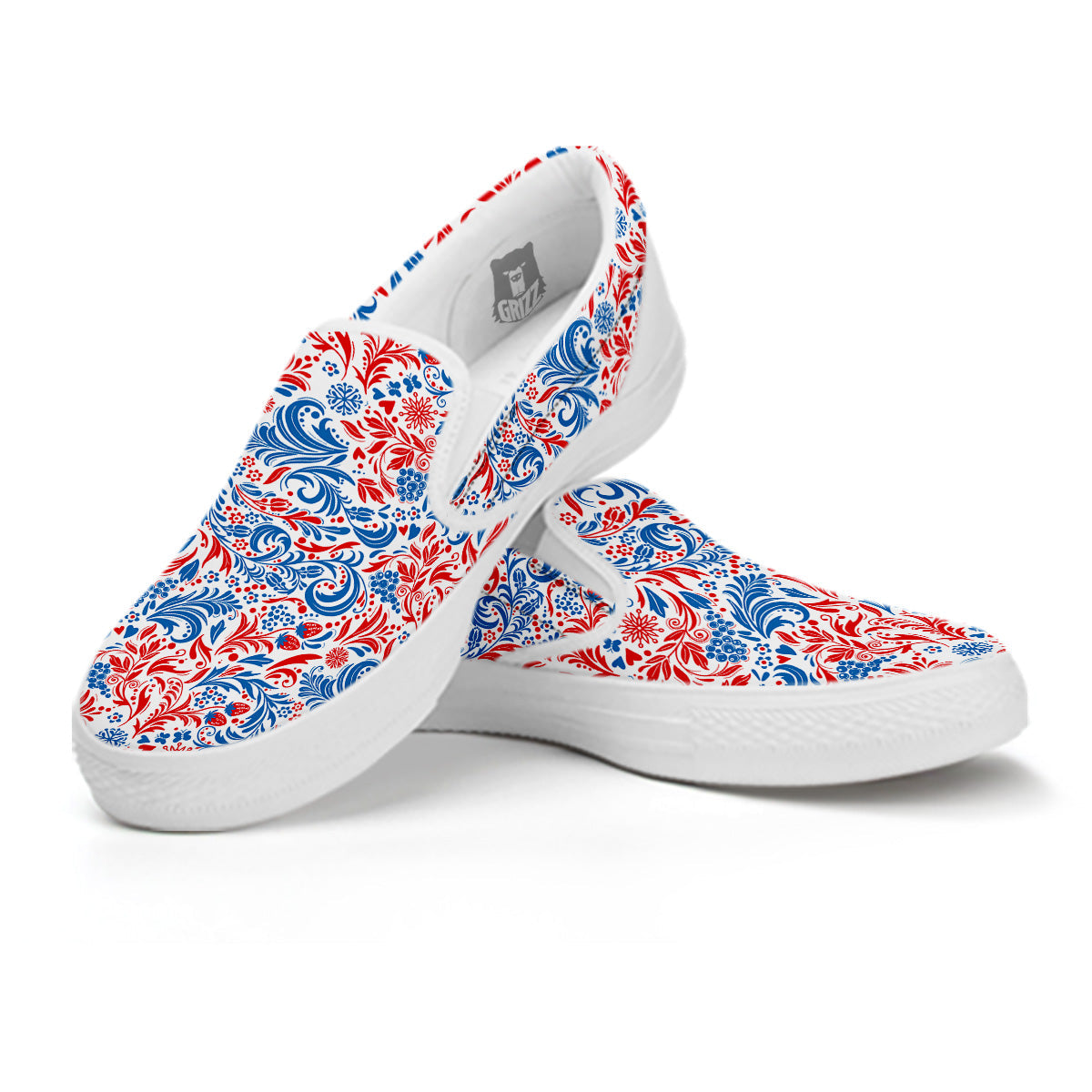 Traditional Khokhloma Red And Blue Print Pattern White Slip On Shoes-grizzshop