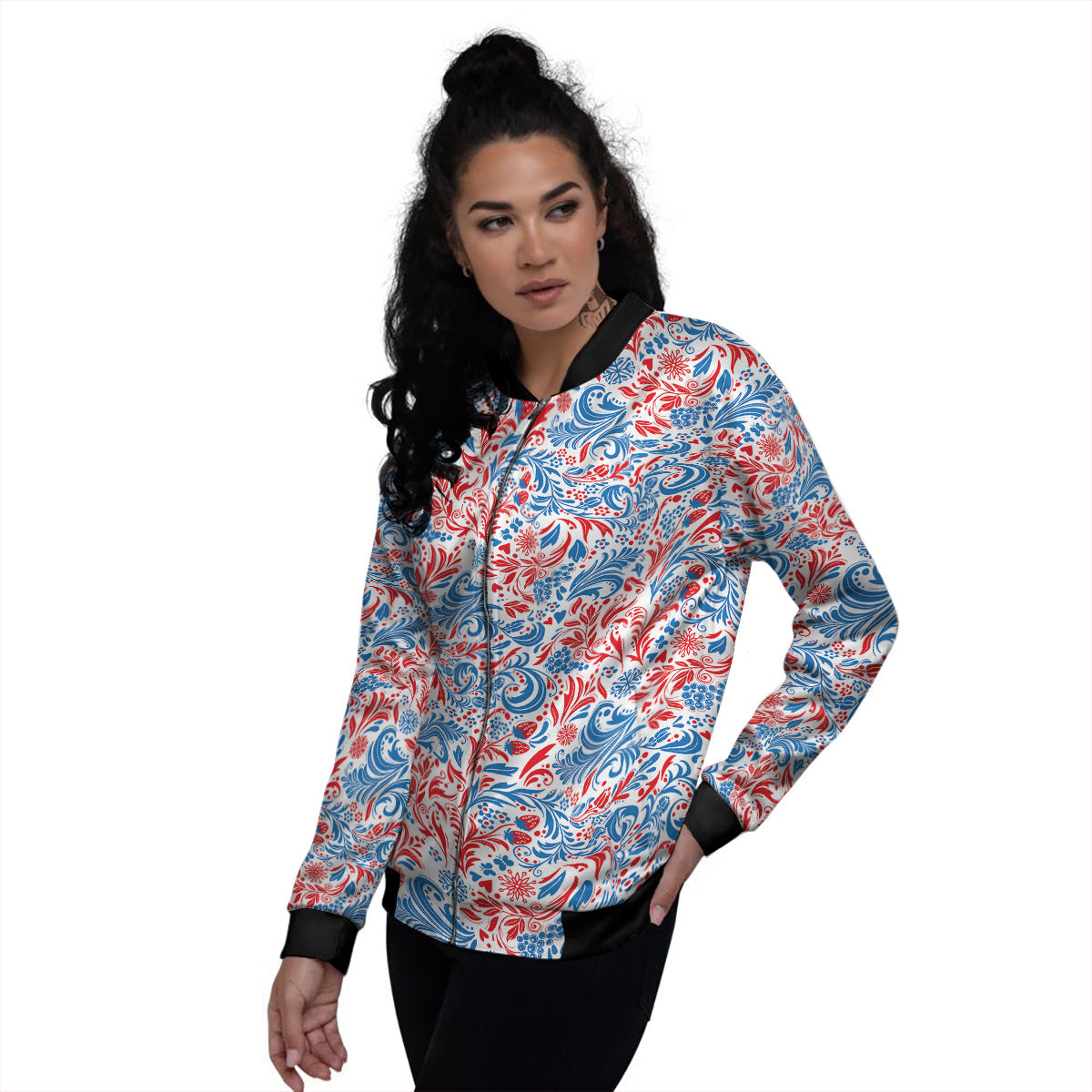 Traditional Khokhloma Red And Blue Print Pattern Women's Bomber Jacket-grizzshop